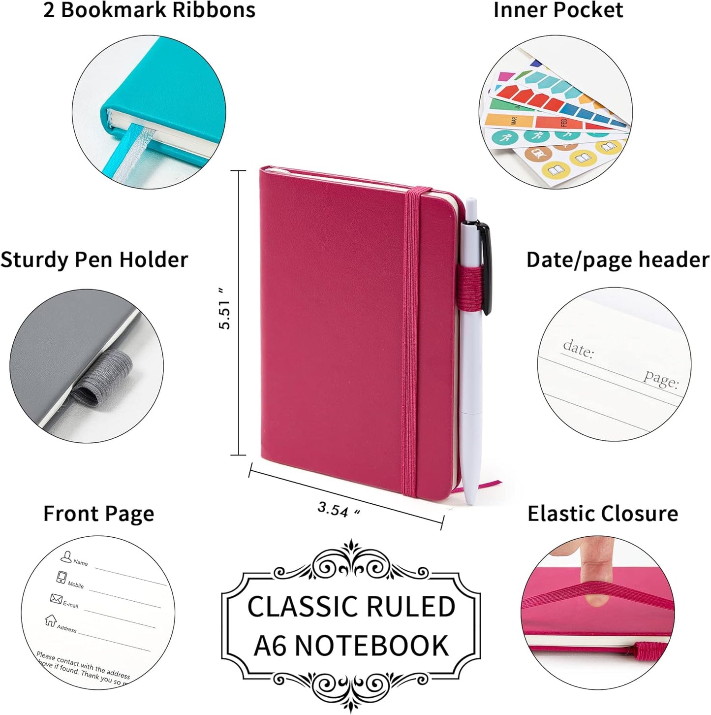 feela Pocket Notebook Journals, Mini Cute Small Hardcover College Ruled Notepad Office School Supplies, with 3 Black Pens, 3.5”x 5.5”, 3 Pack, A6, Solid Colors, Gray, Berry, Emerald