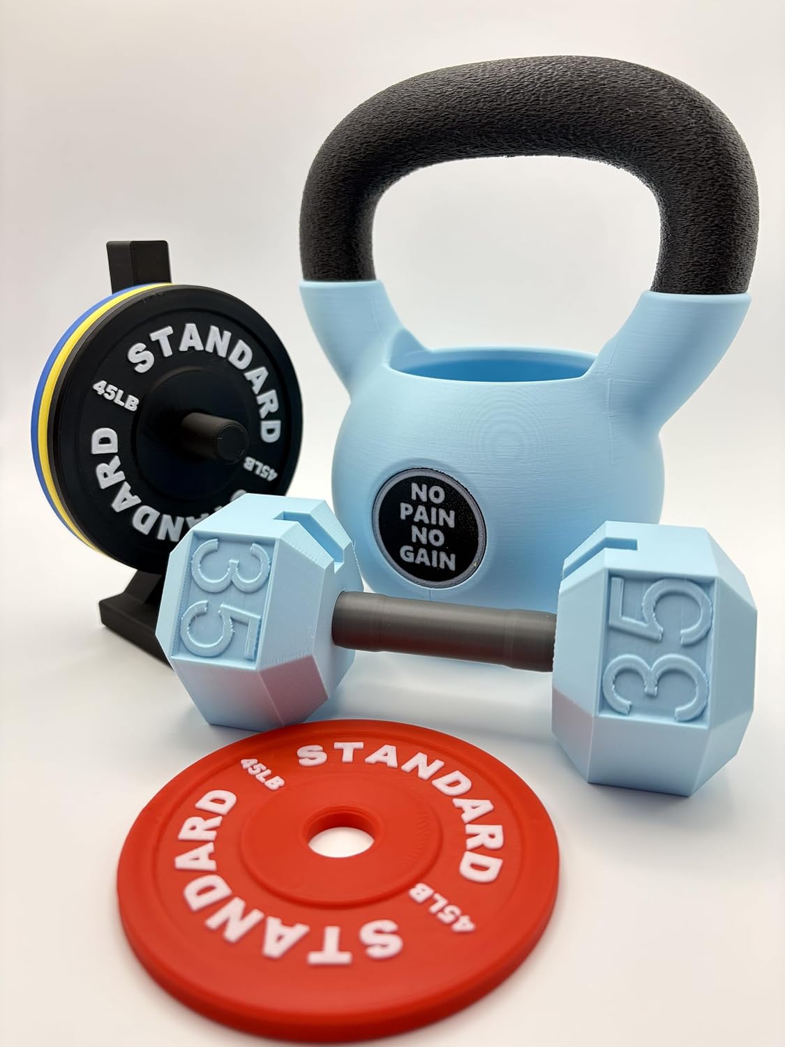 Gym Desk Accessory Set – Dumbbell Business Card Holder, Barbell Coastr & Pen Stand | Fitness-Themed Office Decor | PLA Eco Material (Blue)