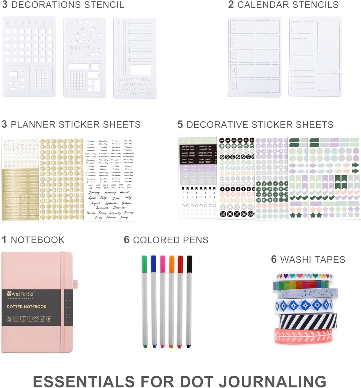 &And Per Se Dotted Journal Notebook Set, A5 Hardcover Dotted Journal (Pink), 6 Fineliner Pens, 8 Sticker, 5 Stencil Sheets & 6 Washi Tapes, Journaling Supplies for Planner Schedule