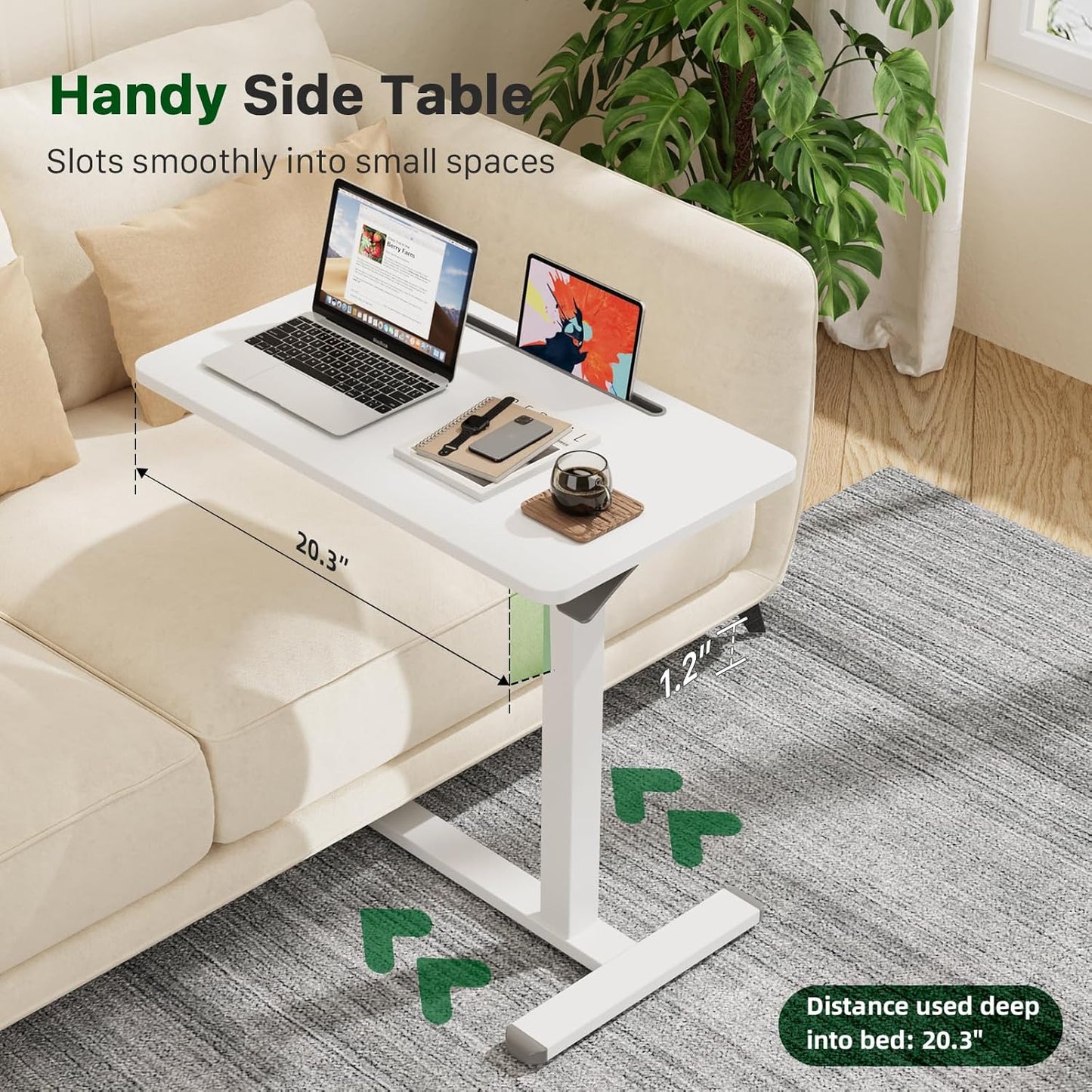 Mobile Standing Desk, Pneumatic Adjustable Rolling Desk(27.5 Inches), Portable Laptop Desk with Wheels, Overbed Bedside Table Laptop Table for Couch, Home, Office, White