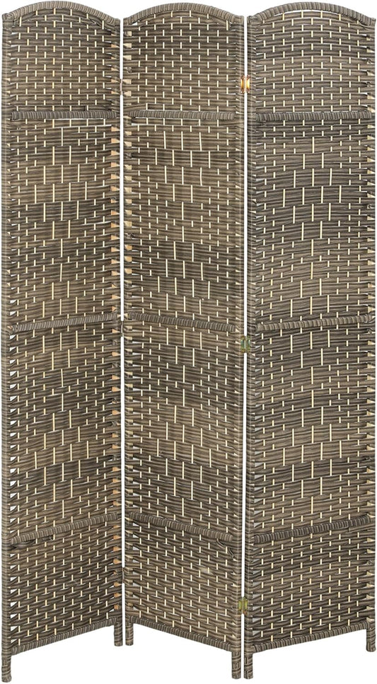 HOMCOM 3 Panel Room Divider, 6' Tall Folding Privacy Screen, Hand-Woven Freestanding Wall Partition for Home Office, Bedroom, Dark Rustic Oak