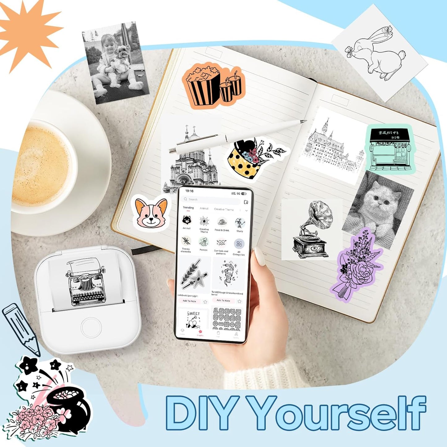 Print Pods Mini Printer, Sticker Maker Machine Y02C, Mini Portable Printer with 1 Roll Paper, Bluetooth Inkless Receipt for Phone, Thermal Portable Maker for Journal, Note, Photos, Learning