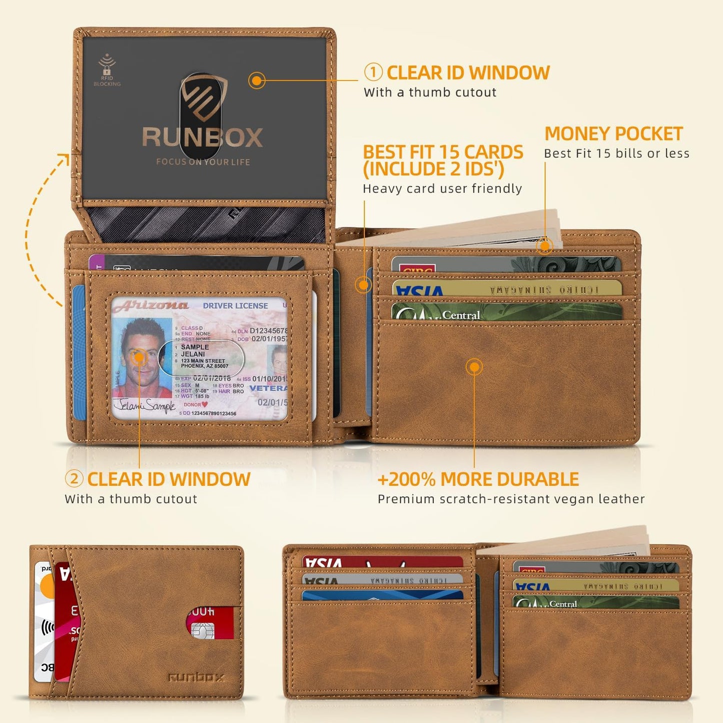 RUNBOX Wallet for Men Slim Rfid Leather 2 ID Window With Gift Box