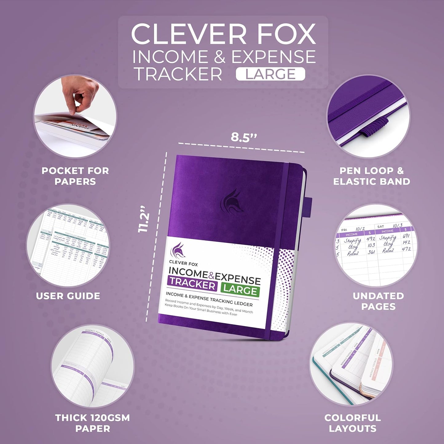 Clever Fox Income & Expense Tracker Large – Accounting & Bookkeeping Ledger Book for Small Business – 2-Year Record Notebook, A4 (Purple)