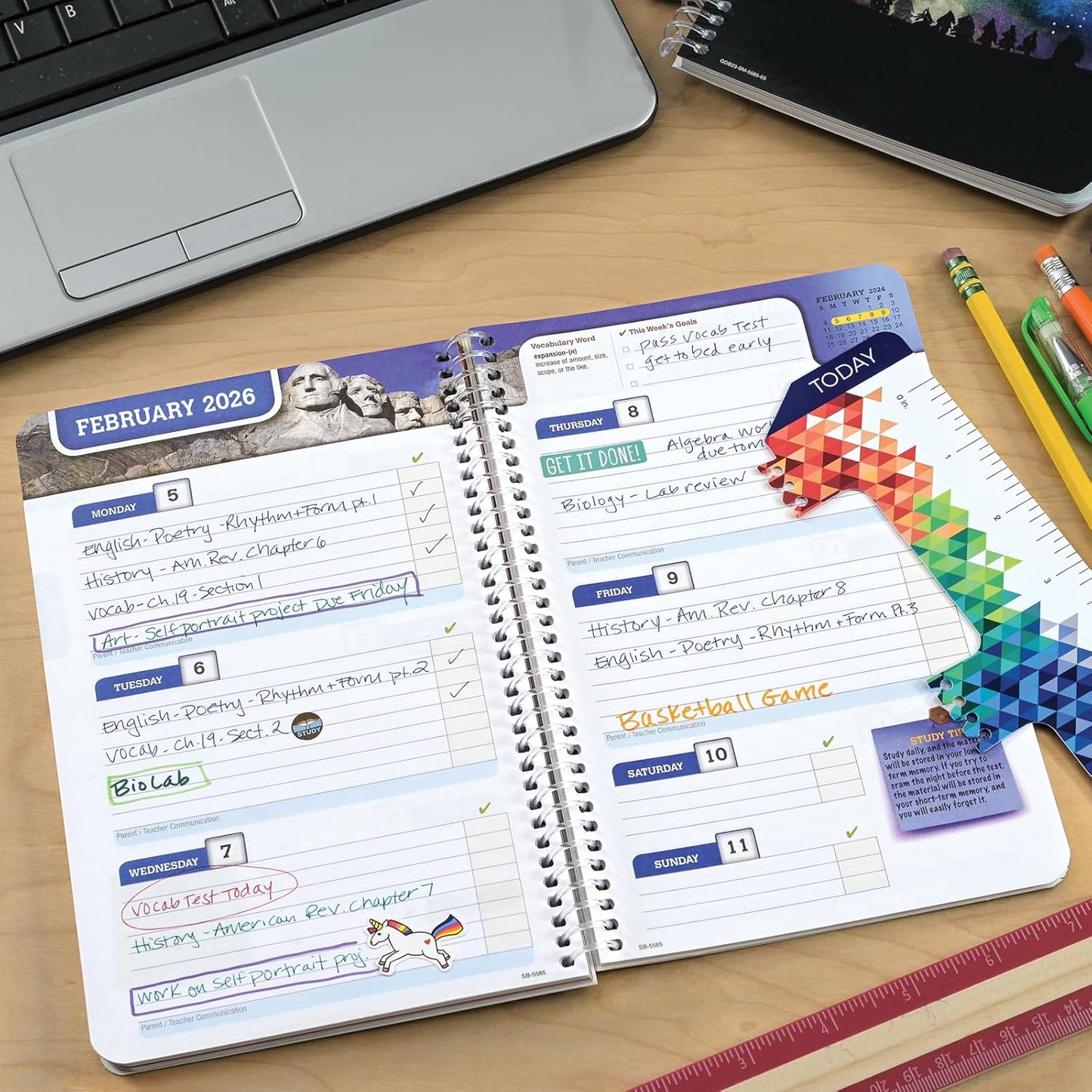 Global Datebooks Dated Middle School or High School Student Planner for Academic Year 2025-2026 Includes Ruler/Bookmark and Planning Stickers (Block Style - 5.5"x8.5" - Blue Colors)