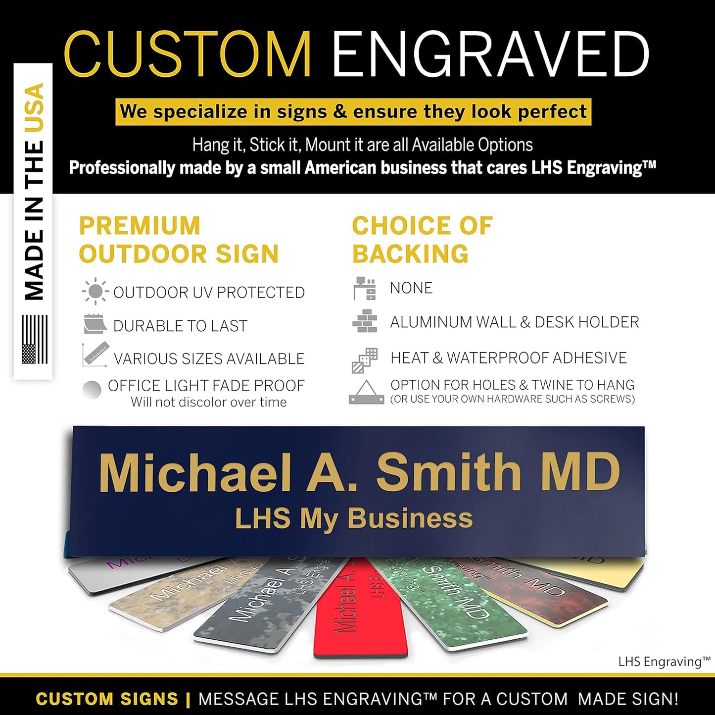 Engraved Custom Door Plate Navy Blue Plastic Office Door Sign with Gold Letters - Made in USA 2x8 B10