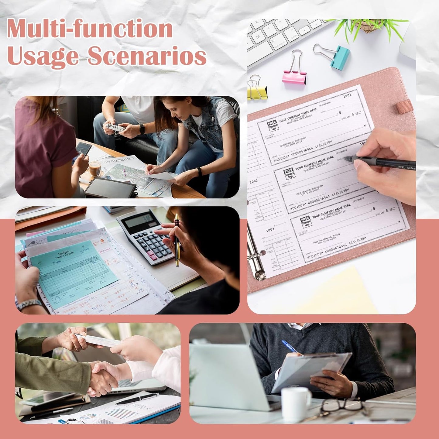 9" x11 1/4" PU Leather 3 Rings Personal Checks Binder for End-Stub Deskbook 3-Ring Binders for Desk Check fit 3 & 9 Holes Checkbook Binder Cover for Business Finances (Not Fit 7 Holes,Rose Gold)