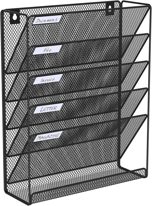 Hanging Folder Organizer Mesh 6 Tier, Wall File Organizer Hanging Paper Organizer, Wall Mount Mail Storage, Office Organization and Storage Rack for Home Office, Black