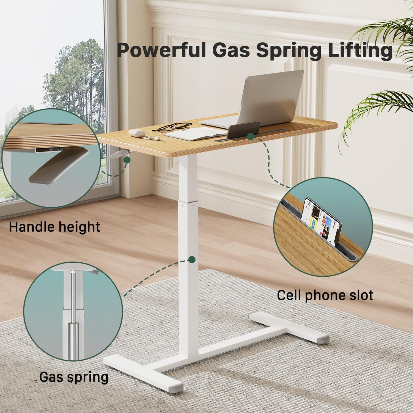 Mobile Standing Desk, Pneumatic Adjustable Rolling Desk(31.5 Inches), Portable Laptop Desk with Wheels, Overbed Bedside Table Laptop Table for Couch, Home, Office, Oak