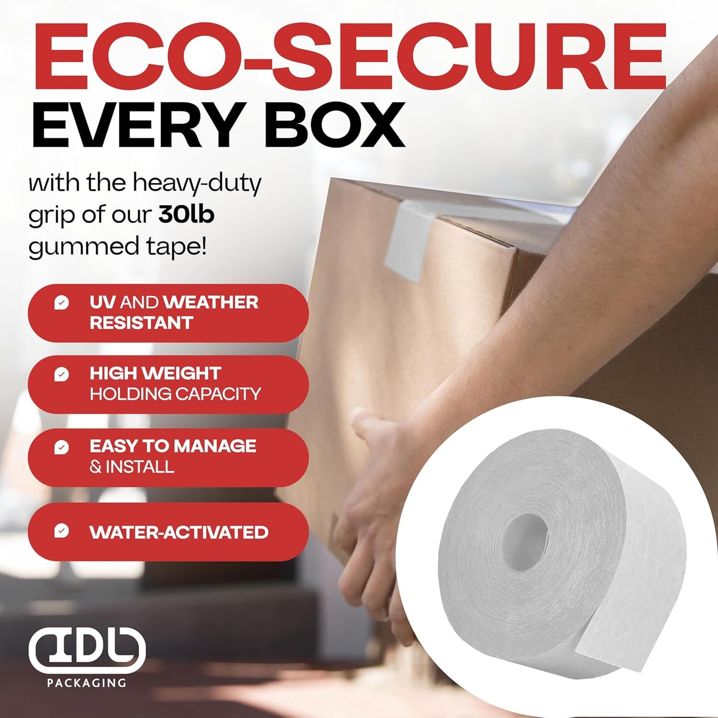 IDL Packaging 2.83" x 450 feet Reinforced Water-Activated Kraft Gummed Tape 30lb Thickness (Pack of 2) - Secure Paper Packing Tape for Secure Carton Sealing - Heavy-Duty for All Conditions, White