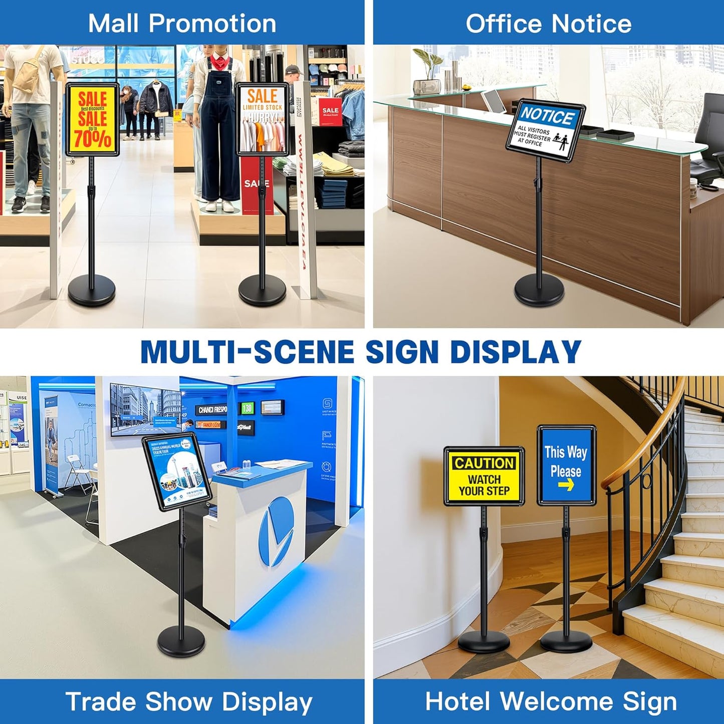 4 Pack Sign Stand for Display - Adjustable 8.5x11 Inch Floor Standing Sign Holder, Pedestal Poster Stand for Vertical&Horizontal View, Indoor&Outdoor Use for Business, Mall, Restaurant - Black