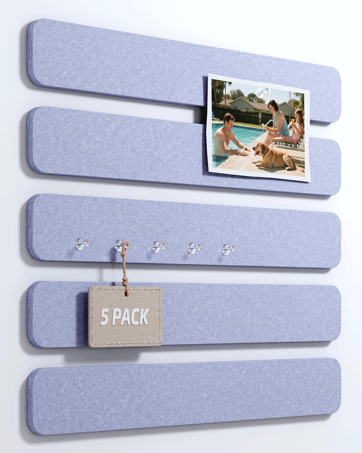 Cork Board Alternative Felt Strip Board 5-Pack 13"x2", Office Pin Board with 35 Push Pins, Adhesive Install for Bedroom Door & Home Office(Soft Periwinkle)