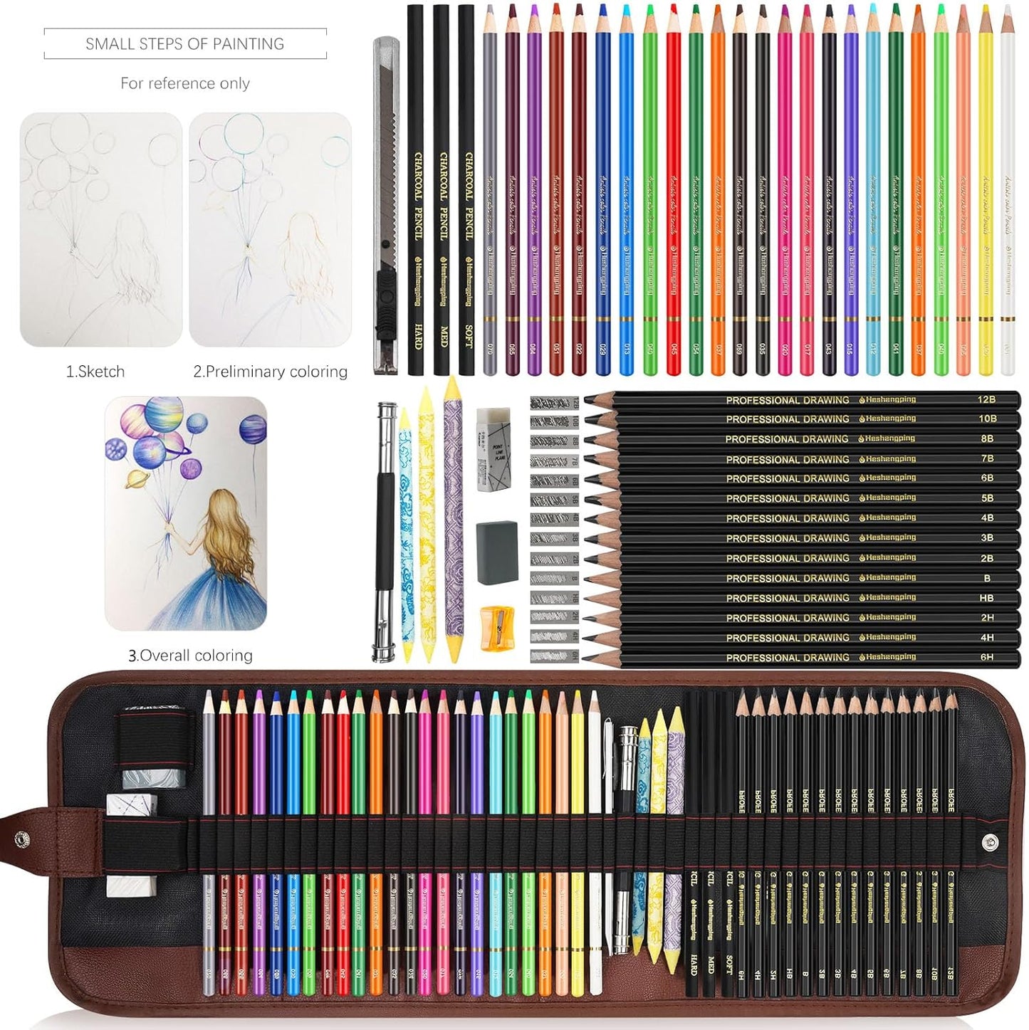 Sketching Drawing Art Pencil Kit-50 Piece Set with 24 Color Pencils for Adult Kid Coloring Books, 14 Graphite 3 Charcoal Erasers Etc., Artist Supplies Ideal for Adult, Kid,Student, Beginner