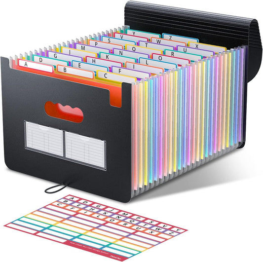 26 Pockets Accordion File Folder Organizer, Expanding Filing Box A4 Letter Size Expandable File Folders, Plastic Accordion Document Paper Coupon Bill Receipt Organizer with 3 A-Z Alphabet Colored Tabs