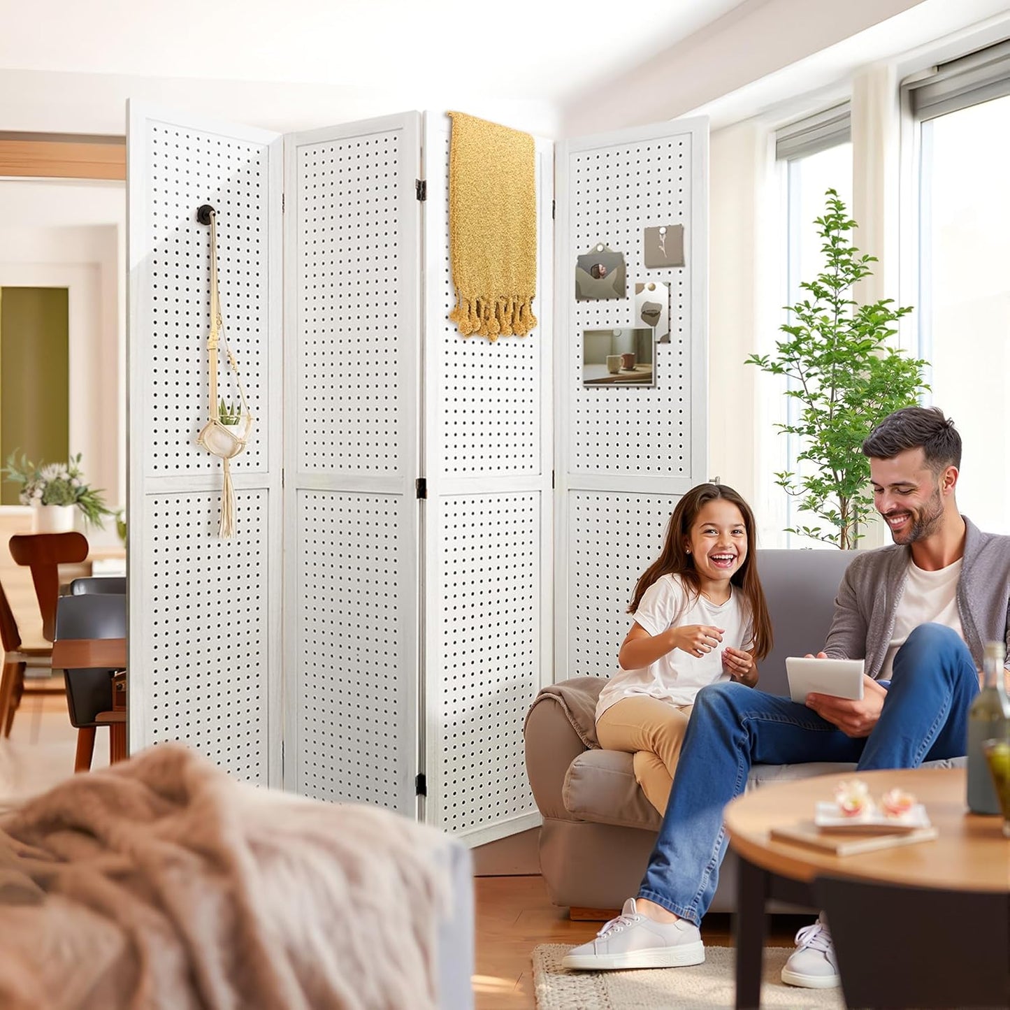 2 Pack Room Divider, 5.6FT Folding Room Divider Panel, 4 Panel Pegboard Display Wood Partition Wall Divider for Room Separation& Craft Shows, White