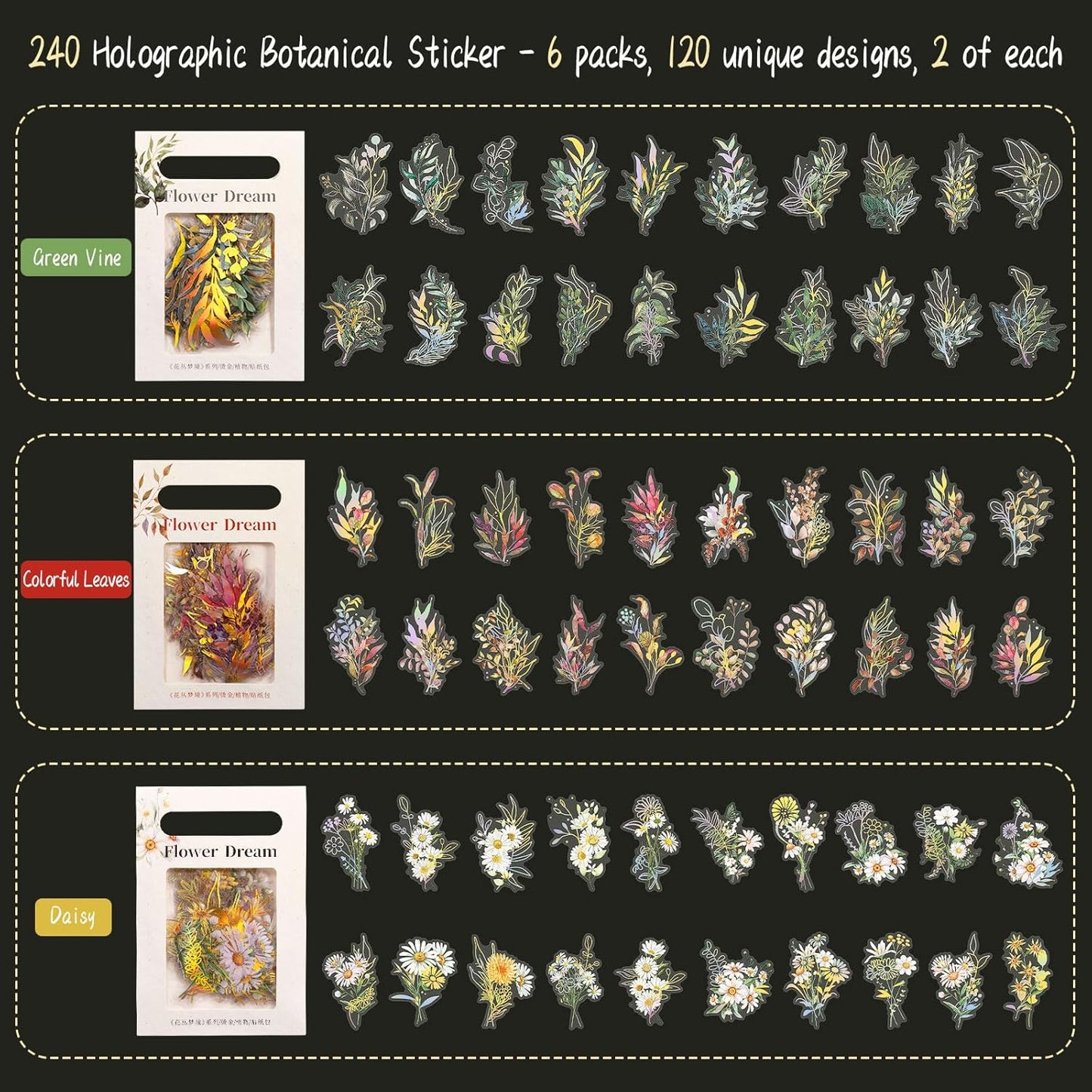 Dizdkizd Holographic Flower and Leaf Sticker Set, 240 Foil Gold Botanical Scrapbook Sticker Small Transparent Floral Decals for Journal, Planner, Photo Album, Card