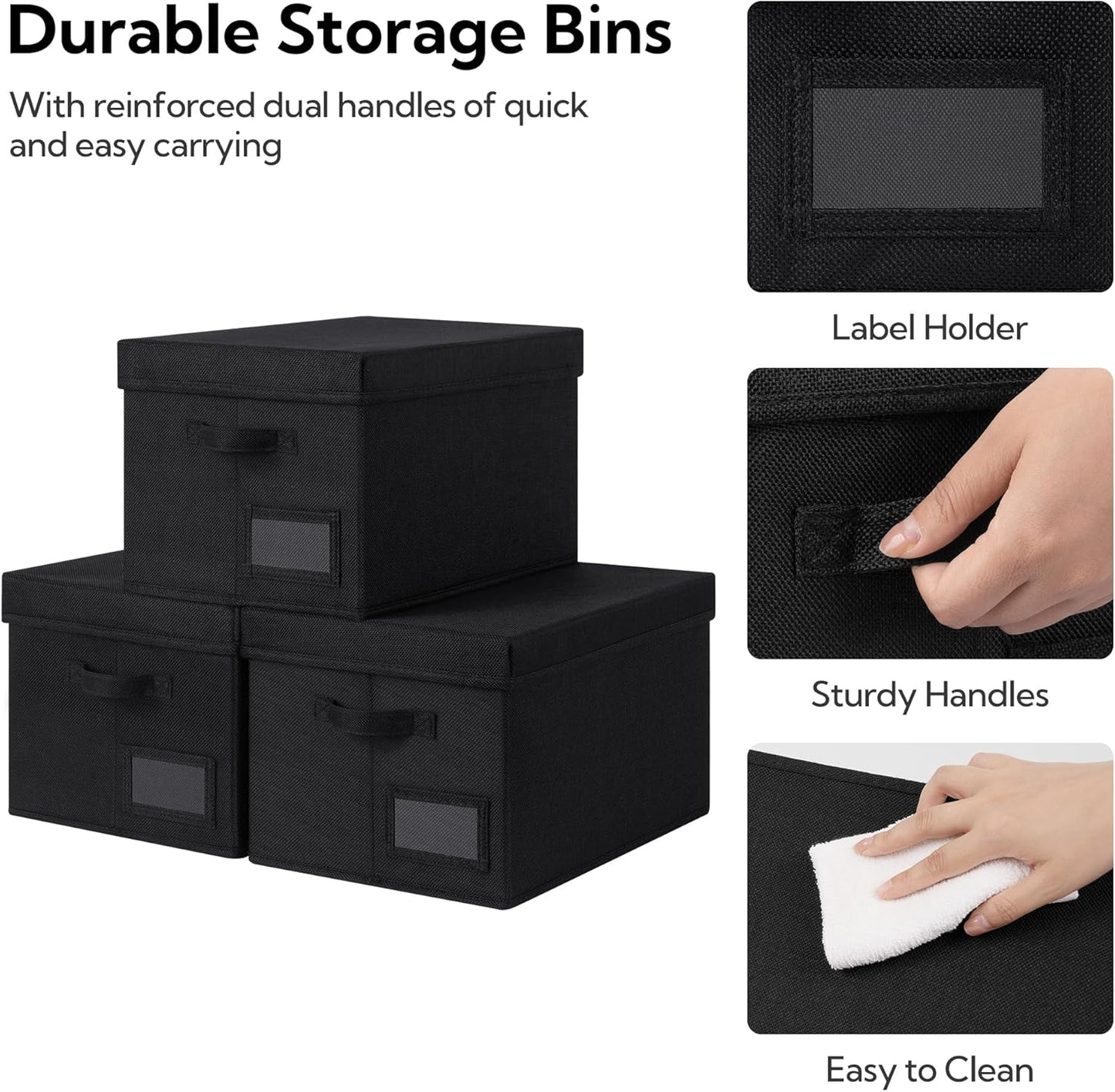 GRANNY SAYS Storage Bins with Lids, Storage Bins for Linen Closet Shelves, Decorative Storage Boxes, Clothes Storage and Organization for Organizing, 3-Pack, Large, Black