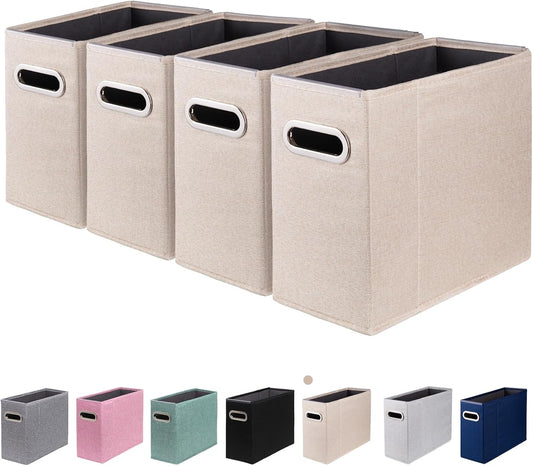 4 Packs Letter Size File Organizer, File Folders Organizer, Fabric Storage Box, Collapsible Paper Organizer with Metal Handle, Smooth PVC Rails, Only Box (Beige)