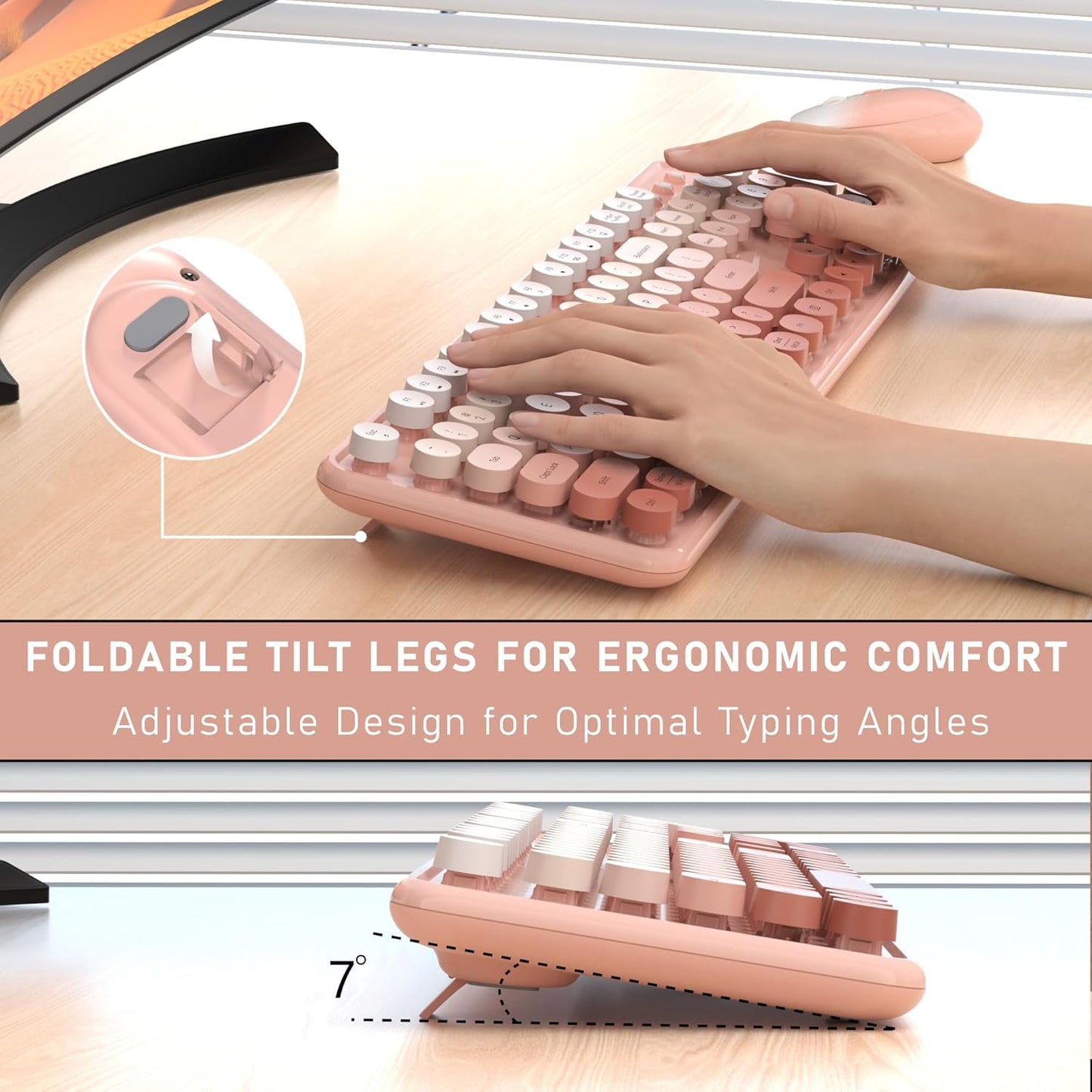 Wireless Keyboard and Mouse, Full-Size Retro Typewriter Keyboard with Round Keycaps, 2.4GHz for Windows, Mac, Laptop, PC, Desktop (Peach Gradient)