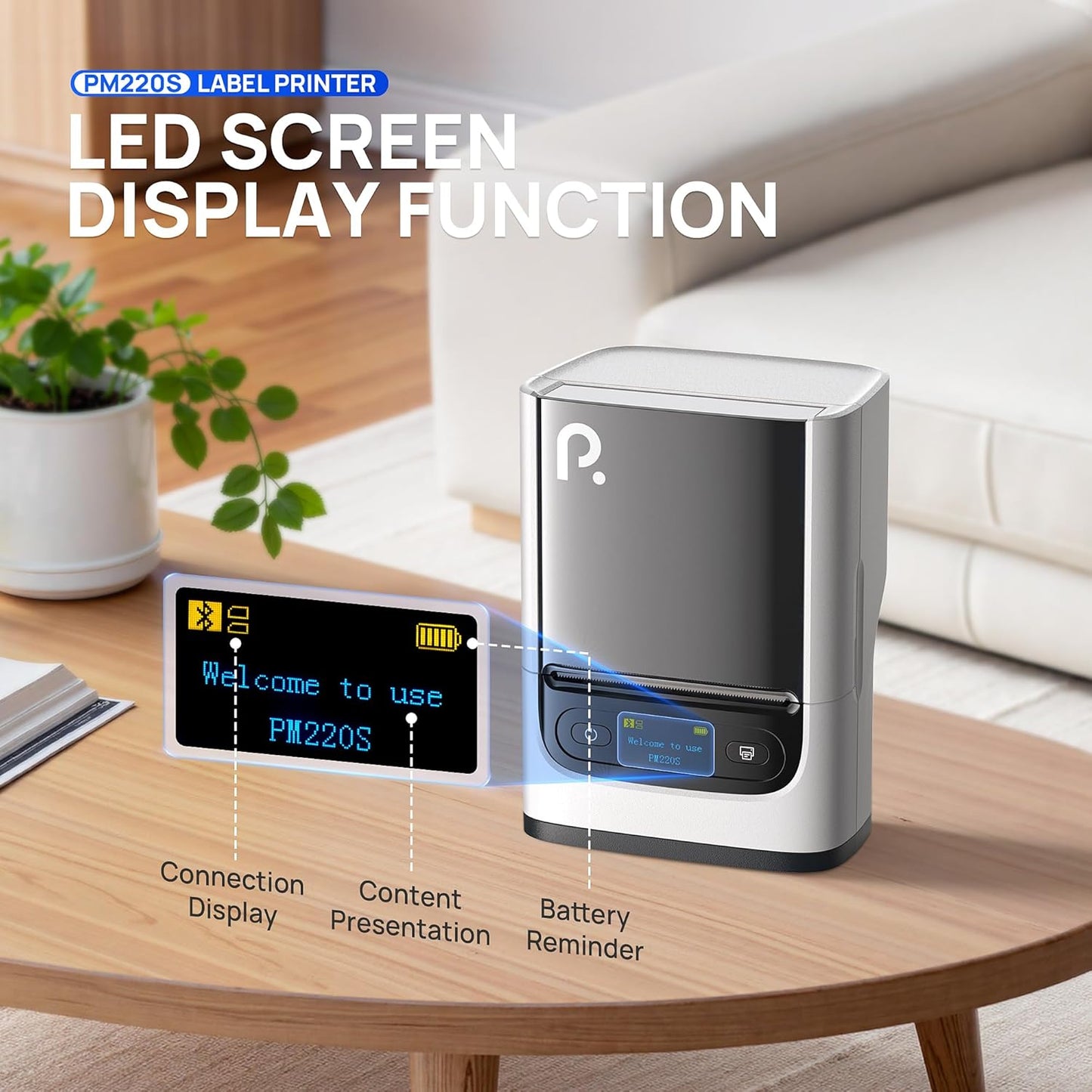 POLONO PM220S Label Maker Machine with Tape, 2 Inch Bluetooth Thermal Label Printer, Portable Sticker Printer for School, Office, Home, Business, Label Maker with 2'' x1.18'' Labels, White