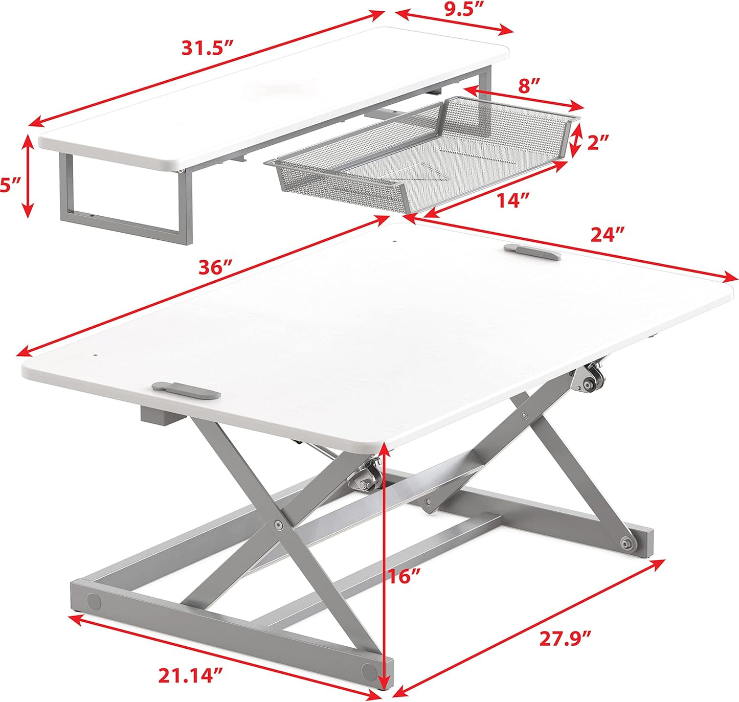 SHW 36-Inch Height Adjustable Standing Desk Converter Sit to Stand Riser Workstation, White