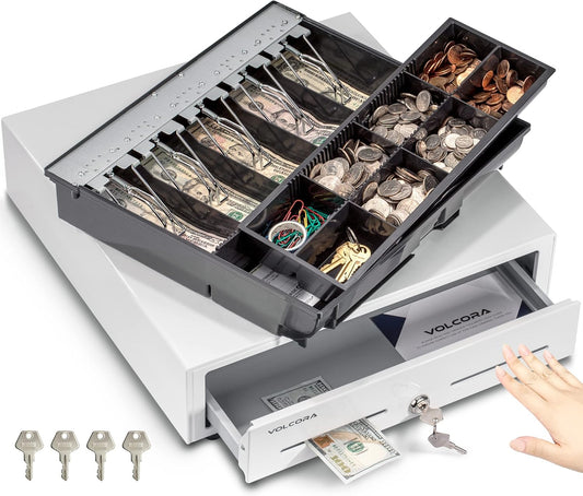 Volcora 16" Push Open Cash Register Drawer for Point of Sale (POS) System, Fully Removable White Heavy Duty Till with 5 Bills/8 Coin Slots, Key Lock and Double Media Slots