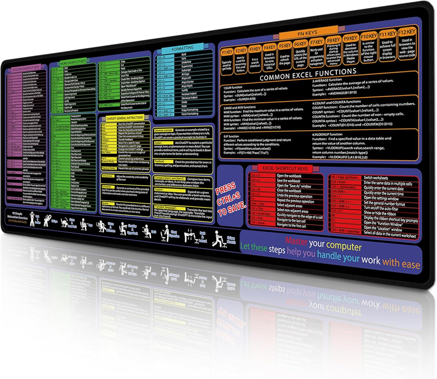 All-in-One Office & Gaming Mouse Pad: Excel/Word/Power Point Mouse pad - XL Waterproof, Non-Slip Desk Mat with Stitched Edges 31.5 x 11.8inches x 3mm