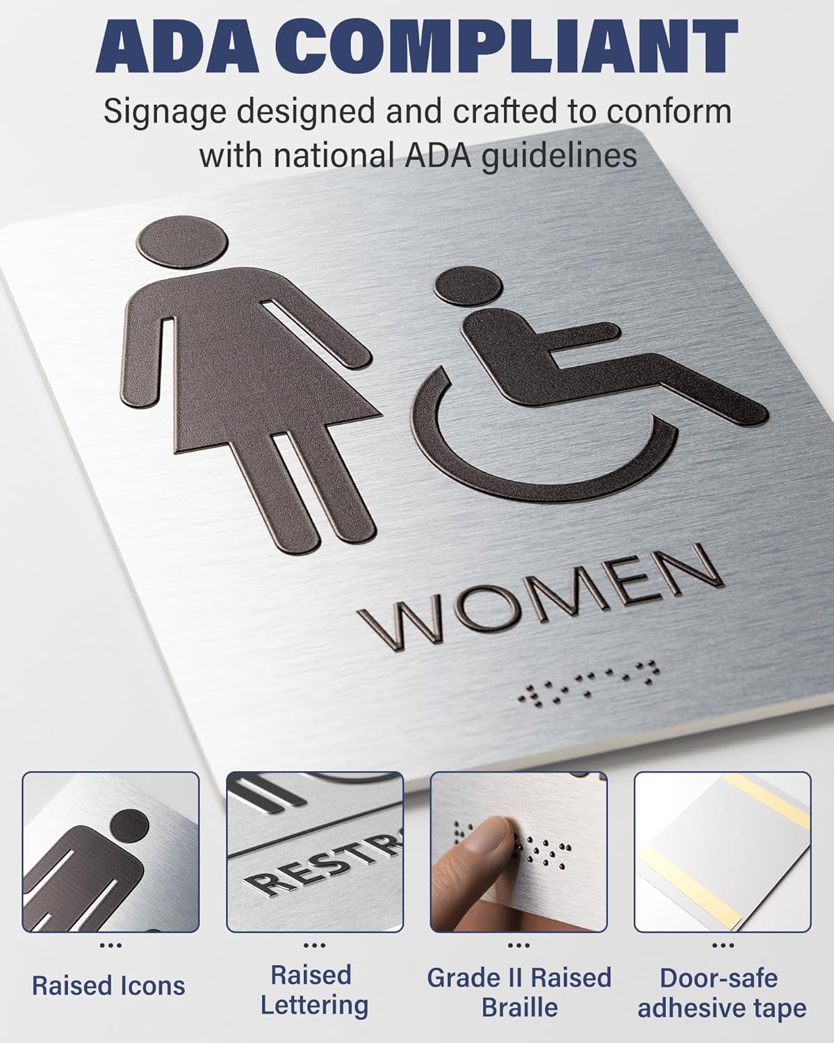 ADA-Mark Modern Restroom Sign for Business - 2PK ADA Compliant Braille Bathroom Sign with Easy Installation - 6" W x 8" H