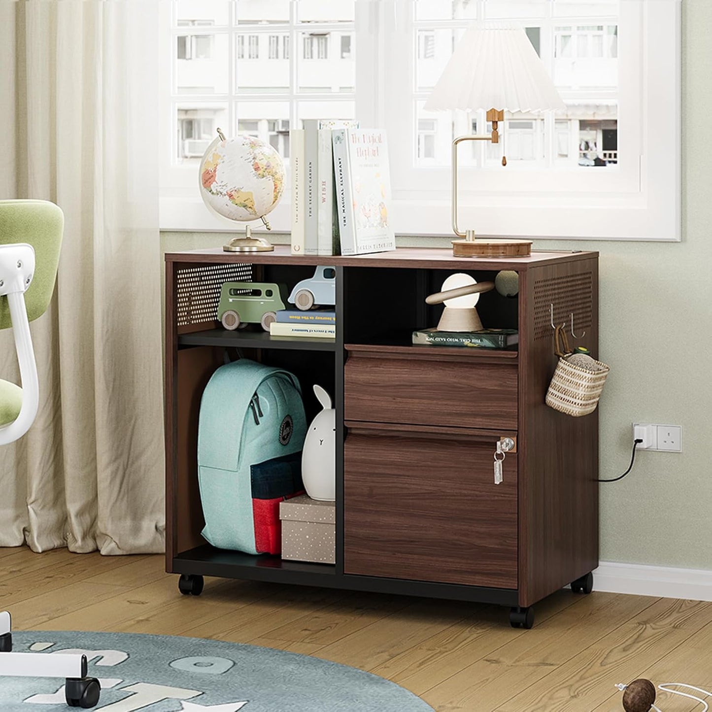 Letaya Mobile 2 Drawer File Cabinet with Lock, Metal Lateral Printer Stand Filing Storage Cabinets with Shelves for Home Office-A4/F4/Letter (Charging Socket)