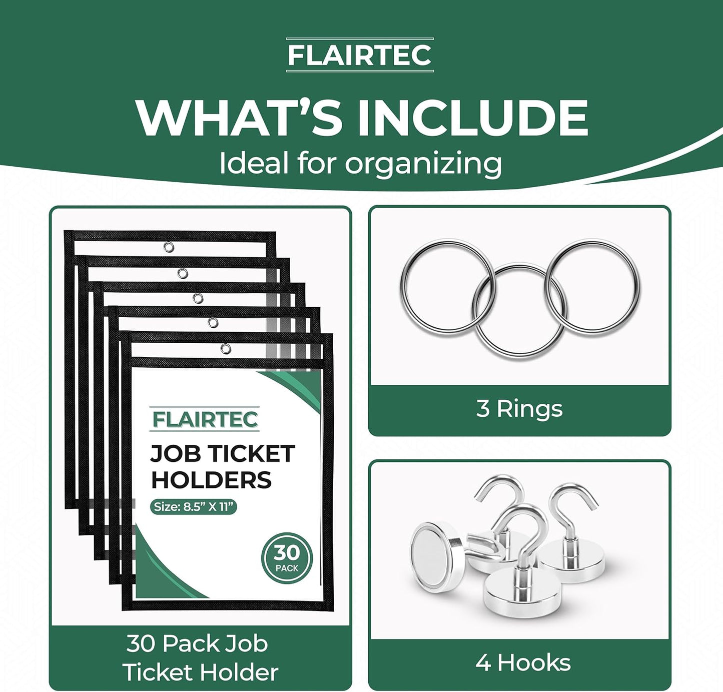 Job Ticket Holders 10x14 - (30 Pack) 8.5x11 Letter Size | Reusable Dry Erase Pockets Black with Metal Rings & Hooks | Durable Clear Shop Sleeves for Work Order | Perfect for Classrooms