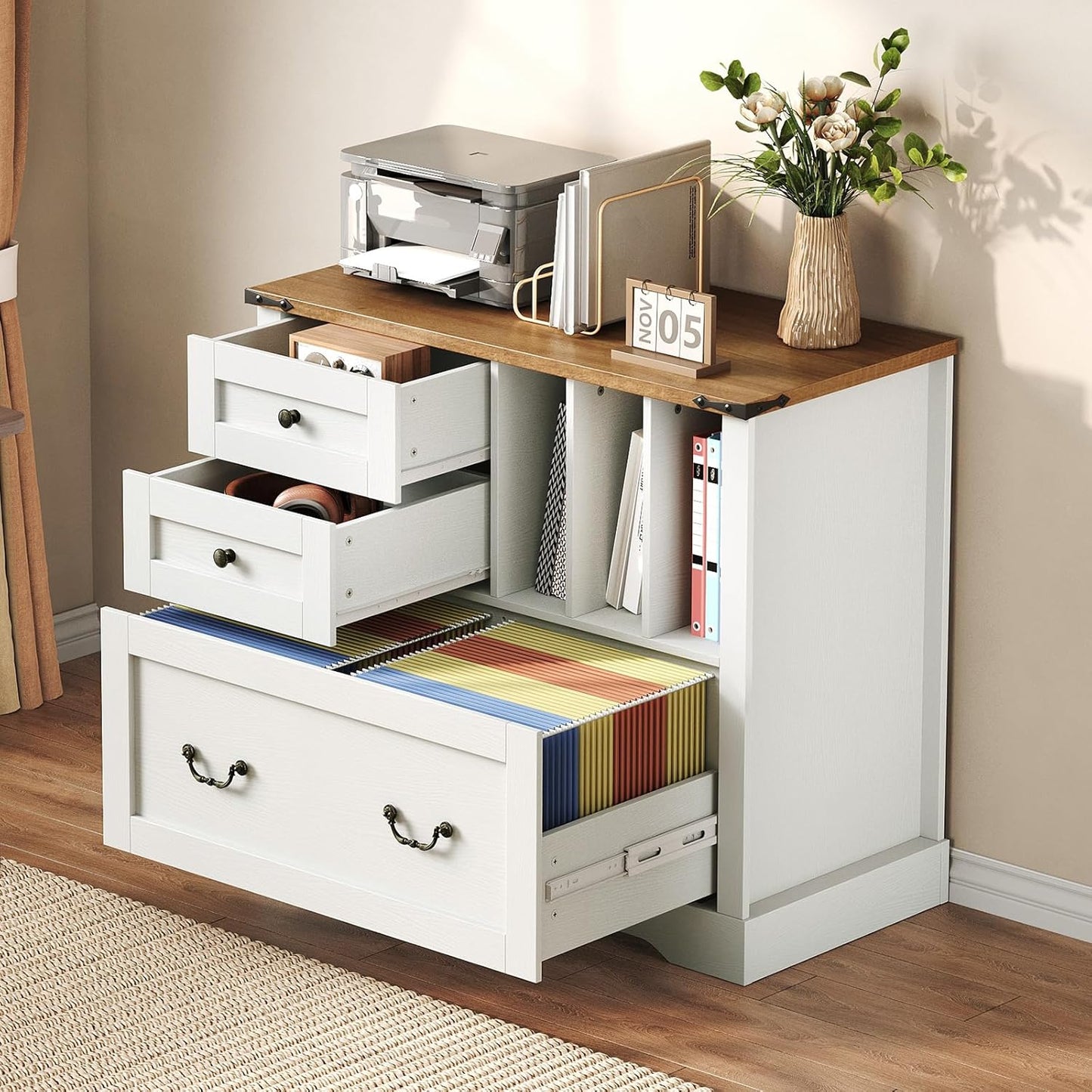 Farmhouse File Cabinet for Home Office, Lateral Filing Cabinet with 3 Drawers & Folder Organizer, Office Storage Cabinet for A4 Letter Files, Printer Stand with Storage Cabinet, White & Walnut