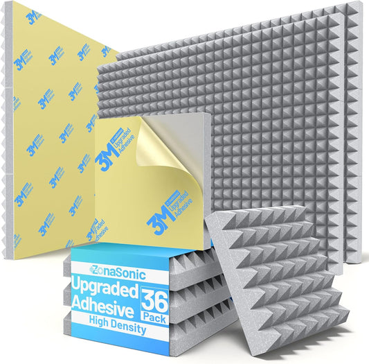 36 Pack Pyramid Sound Proof Foam Panels for Walls with Updated Self-Adhesive 3"X12"X12" High Density Acoustic Panels Sound Absorbing Fast-Expanding Soundproof Wall Panels for Gaming Studio Decor- Gray