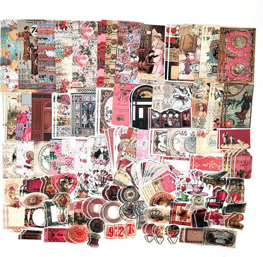 200PCS Vintage Scrapbooking Supplies Pack, Aesthetic Scrapbook Sticker Paper Art Journaling Kit for Bullet Junk Journals,Planner,Cottagecore Decor Gifts (Pink Retro Collection)