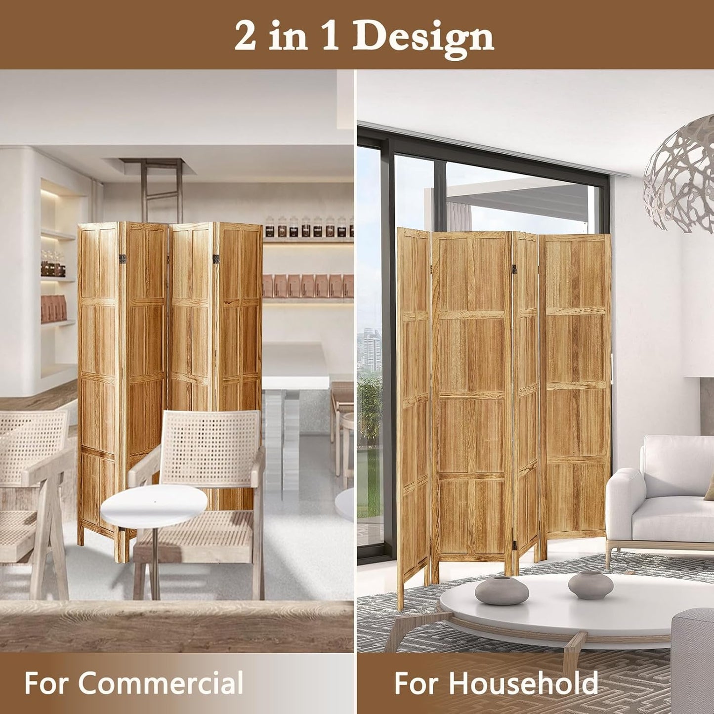4 Panel Room Divider, 5.6Ft Wood Room Dividers and Folding Privacy Screens, Room Divider Wall Freestanding, Room Dividers Screen for Home Office Restaurant Bedroom, Light Brown