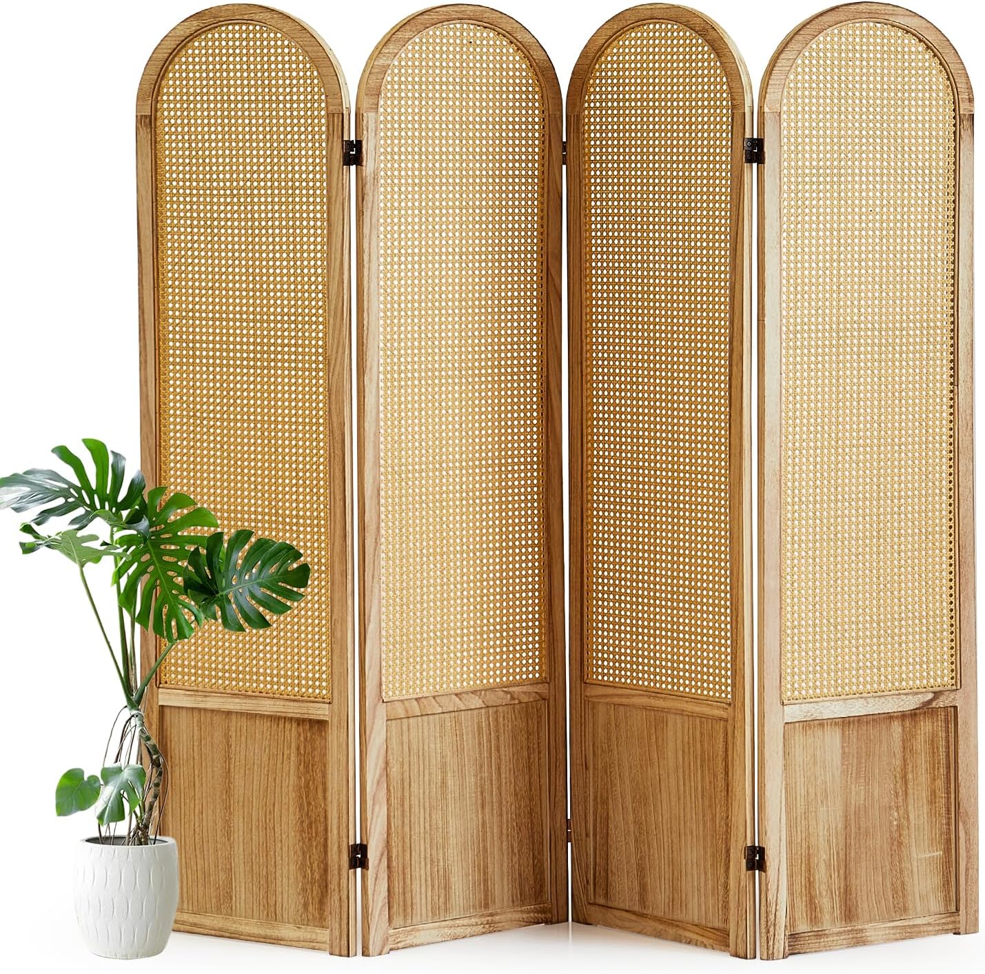 4 Panel Room Divider and Folding Privacy Screen, 5.6 Ft Foldable Double Hinged Rattan Partition, Hand-Woven Rattan Room Divider Portable Wood Freestanding Wall Divider for Room Separation - Natural