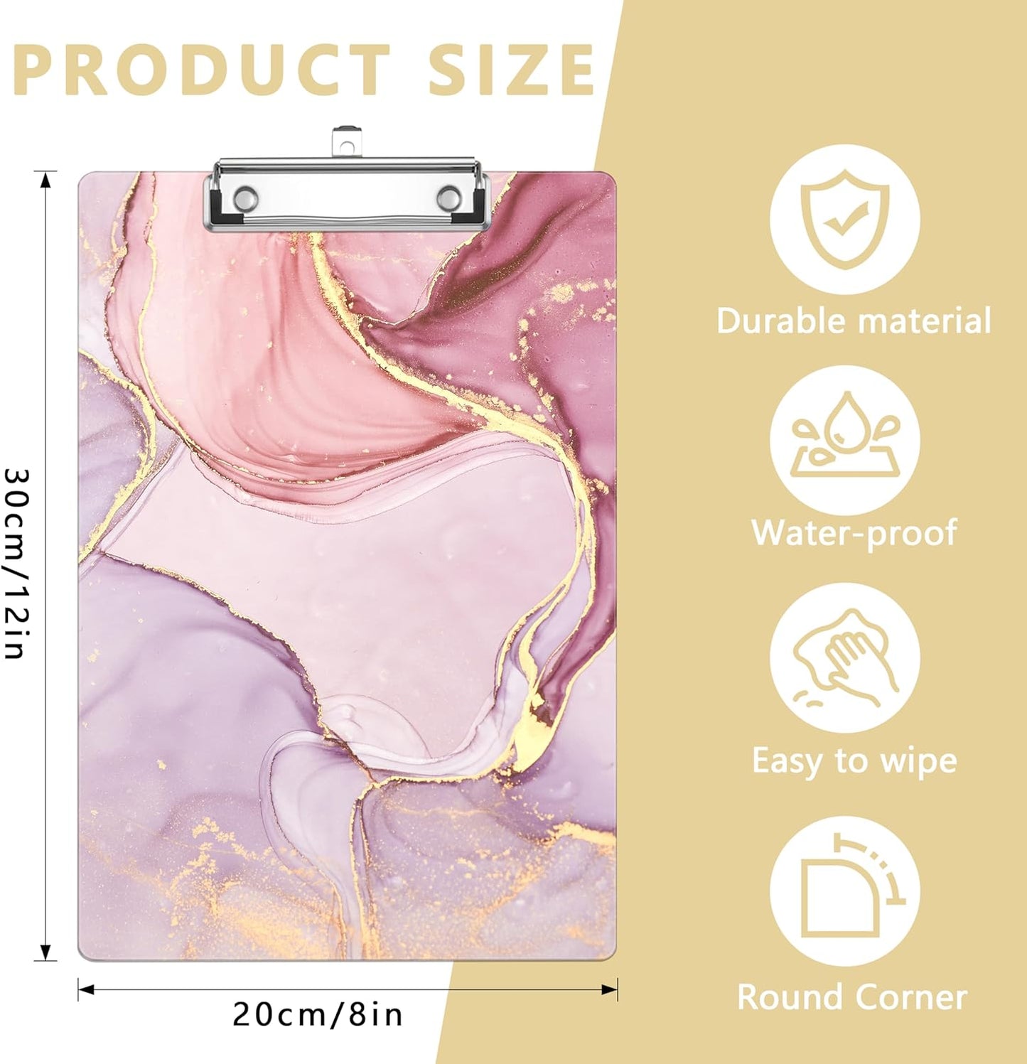 Pink Marble Plastic Clipboards,Decorative Plastic Acrylic Clipboard for Teacher Social Worker Students Office Supplies 8 * 12