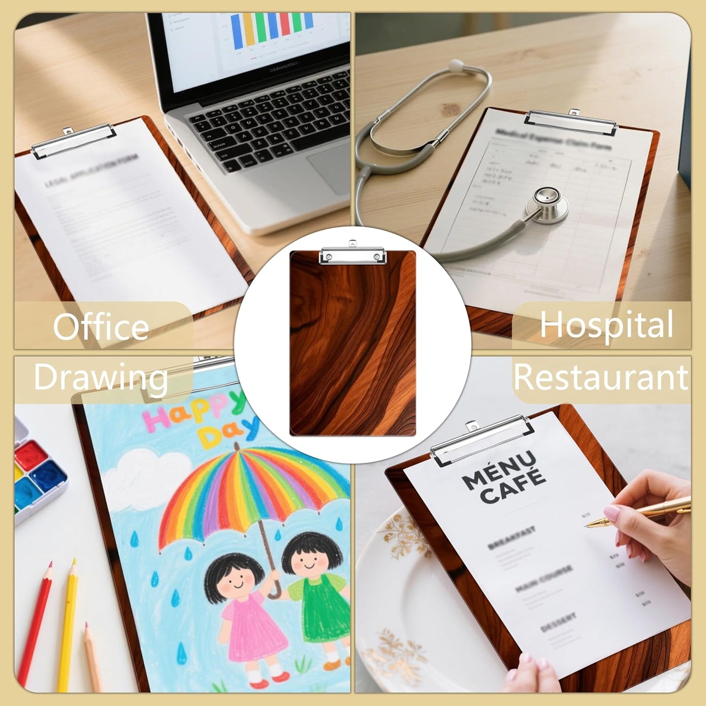 Wood Print Plastic Clipboards,Decorative Plastic Acrylic Clipboard for Teacher Social Worker Students Office Supplies 8 * 12