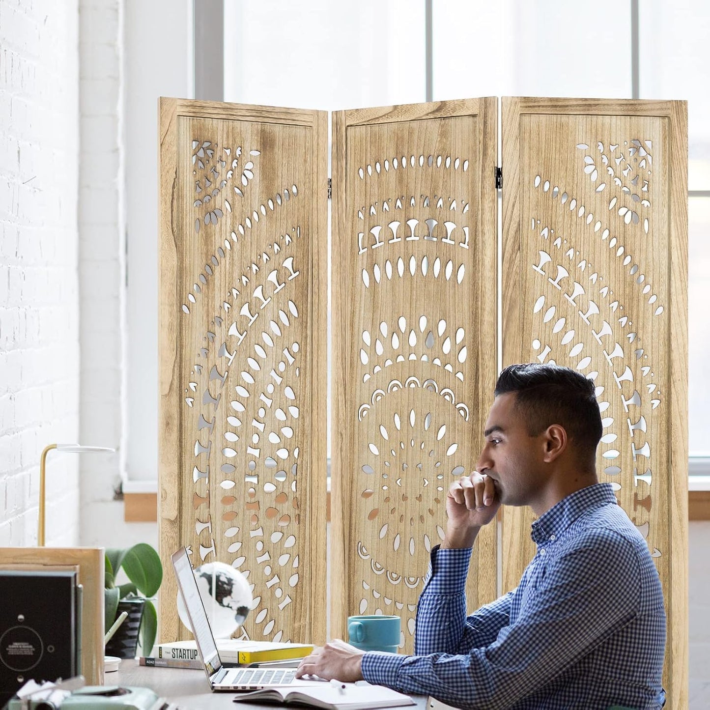 3 Panel Handcrafted Carved Room Divider Screen, 360° Adjustable Wood Folding Privacy Screens for Room Separation, 66.9 Inch Partition Room Dividers for Home Bedroom Office, Natural