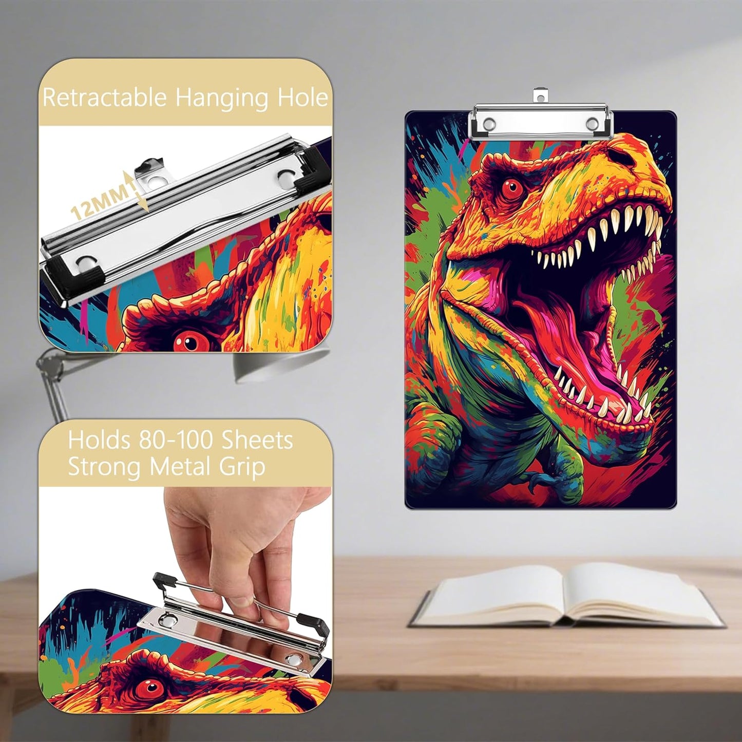 Dinosaur Plastic Clipboards,Decorative Plastic Acrylic Clipboard for Teacher Social Worker Students Office Supplies 8 * 12