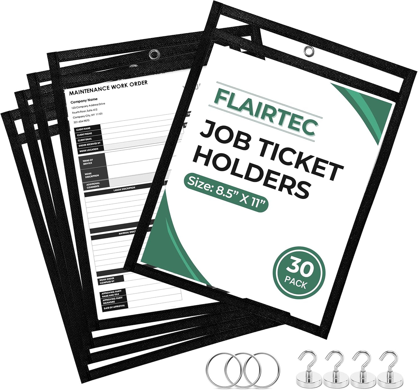 Job Ticket Holders 10x14 - (30 Pack) 8.5x11 Letter Size | Reusable Dry Erase Pockets Black with Metal Rings & Hooks | Durable Clear Shop Sleeves for Work Order | Perfect for Classrooms