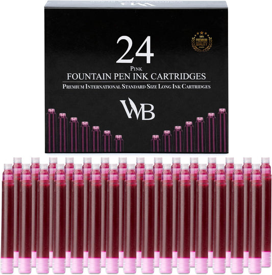 Wordsworth & Black 24 Pack Fountain Pen Ink Refills - Set of 24 Pink Ink Cartridges - International Standard Size - Length APPR 1.5" - Base Diameter APPR 0.24" - Disposable and Generic