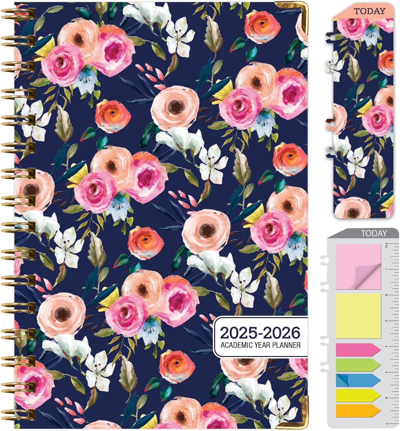 HARDCOVER Academic Year 2025-2026 Planner: (June 2025 Through July 2026) 5.5"x8" Daily Weekly Monthly Planner Yearly Agenda. Bookmark, Pocket Folder and Sticky Note Set (Small Navy Floral)
