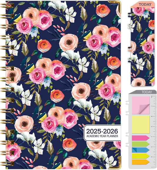 HARDCOVER Academic Year 2025-2026 Planner: (June 2025 Through July 2026) 5.5"x8" Daily Weekly Monthly Planner Yearly Agenda. Bookmark, Pocket Folder and Sticky Note Set (Small Navy Floral)