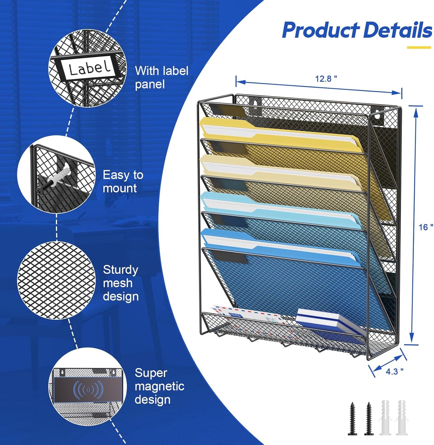 samstar Magnetic Wall File Holder, 6-Tier Hanging Wall File Organizer Wall Mount Paper File Folder Mail Organizer for Office/School, Magnetic