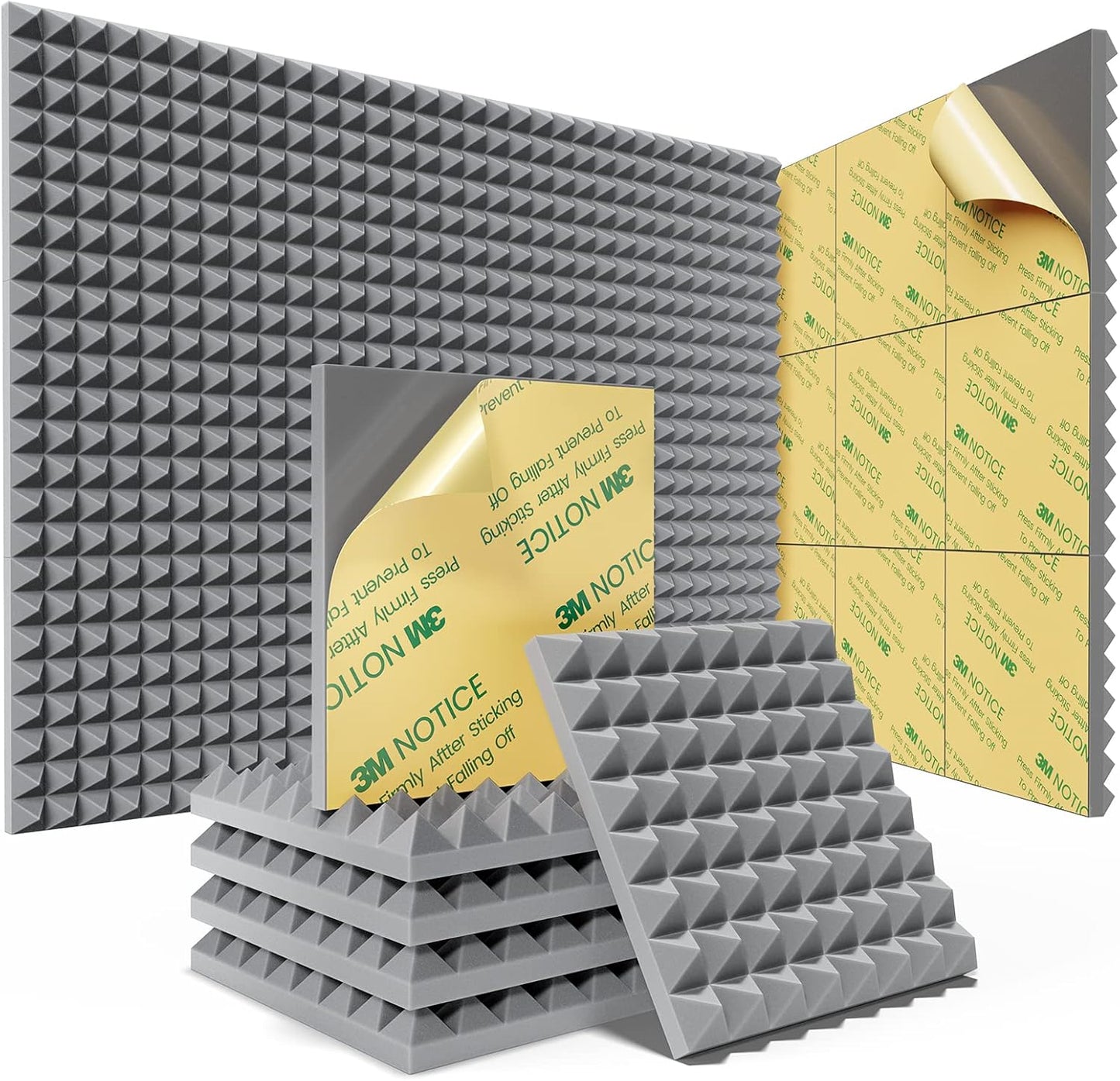 Sonicism Sound Proof Foam Panels for Walls Pyramid 48 Pack Self-Adhesive, 1" X 12" X 12" Acoustic Panels of 35kg/m³High Density Soundproof Wall Panels Fast Expand,Sound Absorption and Decoration(Gray)