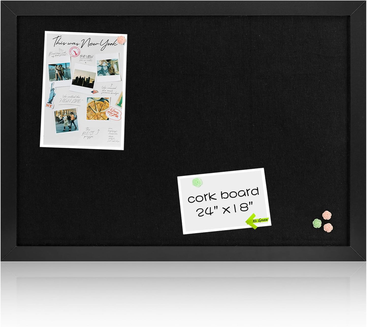 Board2by Black Cork Board Bulletin Board with Linen, Wood Framed 24" x 18" Corkboard, Office Board for Wall Decor, Wall Mounted Pin Board Picture Board with 20 Pushpins for School, Home & Office