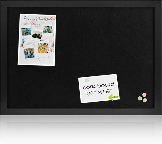 Board2by Black Cork Board Bulletin Board with Linen, Wood Framed 24" x 18" Corkboard, Office Board for Wall Decor, Wall Mounted Pin Board Picture Board with 20 Pushpins for School, Home & Office