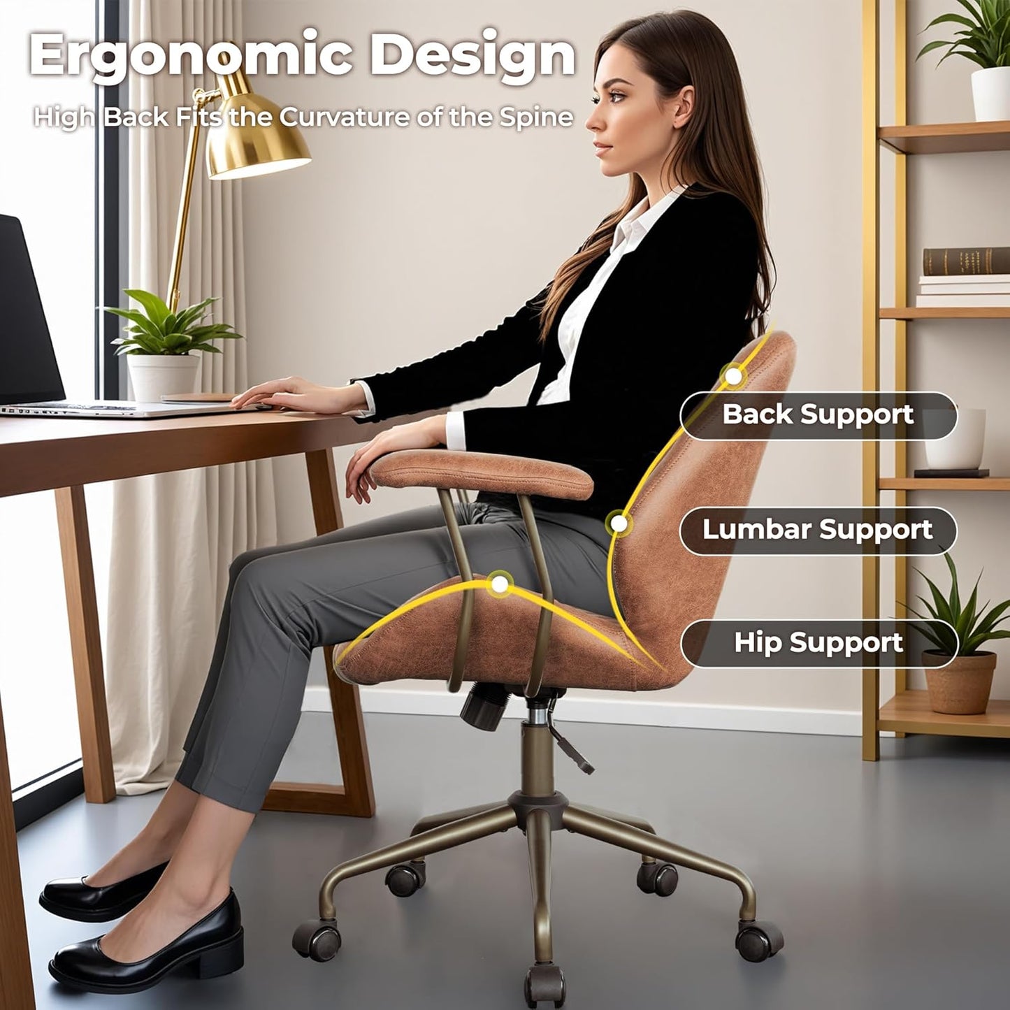 ovios Ergonomic Home Office Chair, Mid-Century Modern Faux Leather Chairs with Padded Armrests, Comfy Mid Back Swivel Rolling Executive Computer Armchair (Brown, Suede Leather)