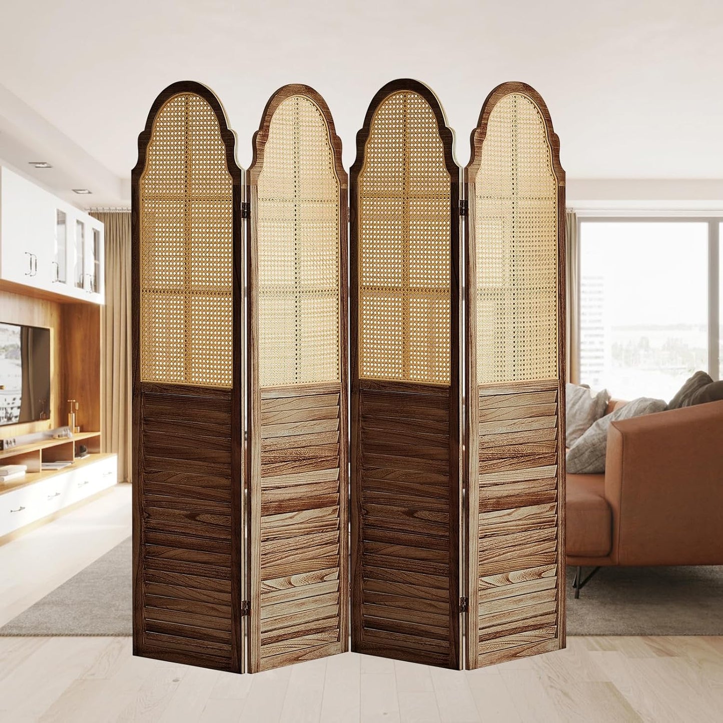 4 Panel Rattan Folding Screen Room Divider, Privacy Dividers for Rooms, Louvered Partition Dividers, Room Divider Panel for Bedroom, Dressing Room, Balcony, Dark Brown