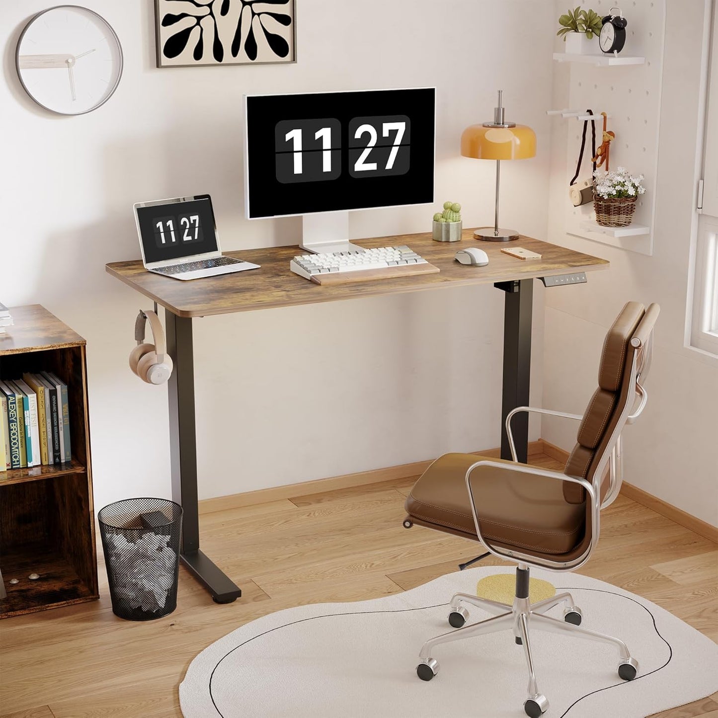 FLEXISPOT One-Piece Electric Standing Desk, 48 x 24 Inches Adjustable Desk with Seamless Desktop, Memory Controller Height Adjustment (Black Frame + Rustic Desktop, 2 Packages)